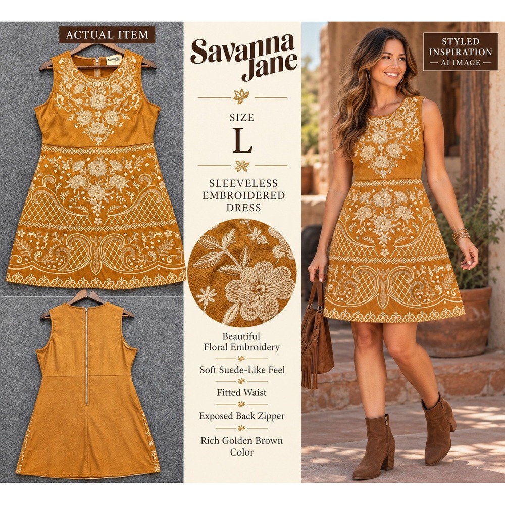 Savanna Jane Embroidered Dress Womens Faux Suede Brown L Excellent Boho